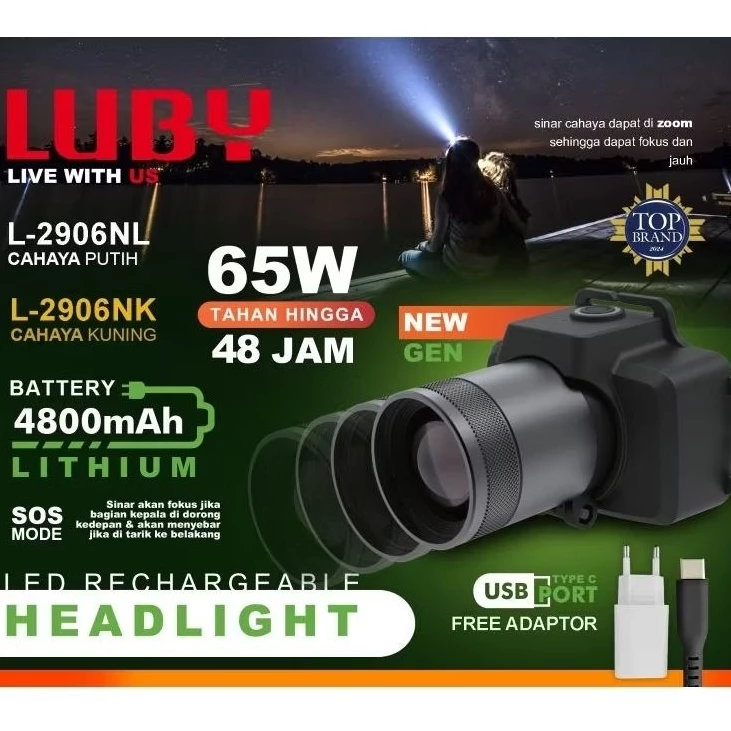 Senter Kepala Zoom Luby 2906 65W, Senter Zoom 65W Headlamp 65Watt