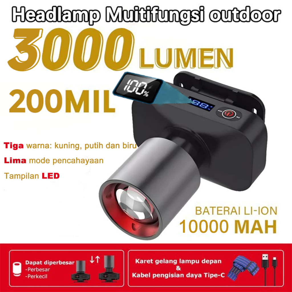 Senter Kepala Zoom Super Terang Tampilan Digital Awet Anti Air Headlamp Outdoor 3000 Lumen USB C